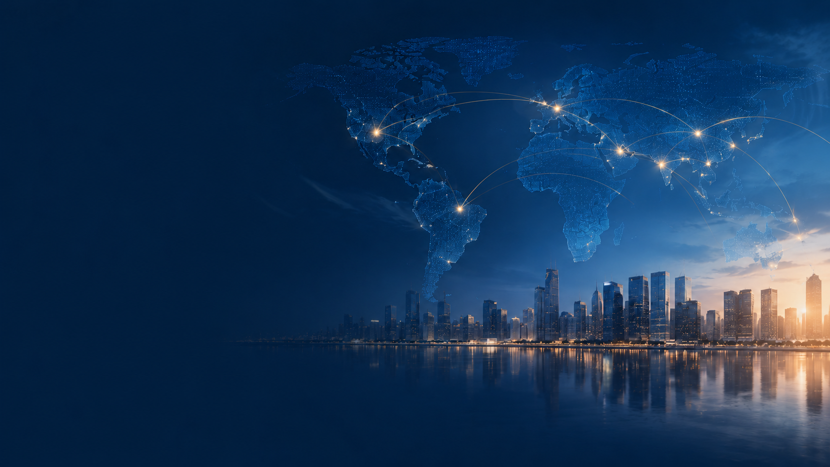 Global executive network — world map and international skyline at dusk